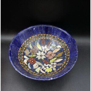 Blue Lapis Lazuli Console Center Bowl 8 3/4” Floral Design Beautiful Vintage